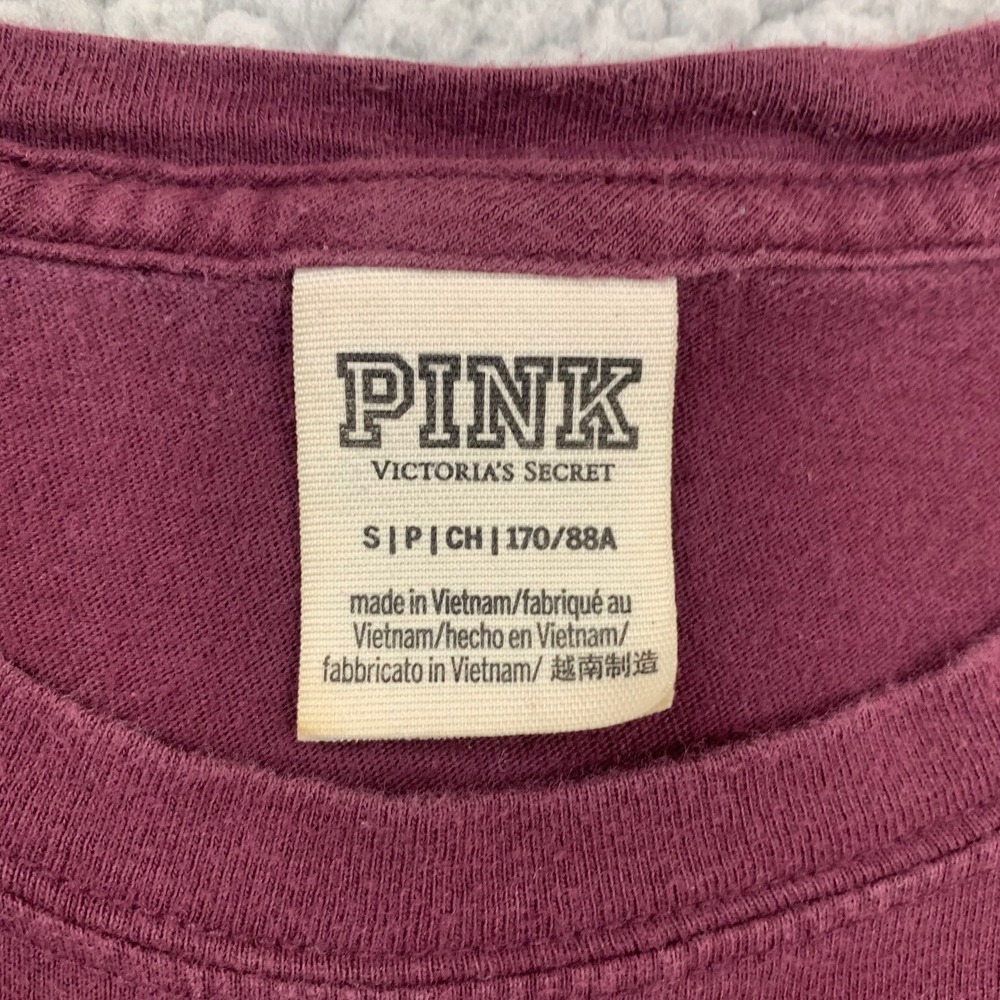 PINK Victoria's Secret T-Shirt Womens Small Maroon Long Sleeve Pocket Graphic - Picture 5 of 9